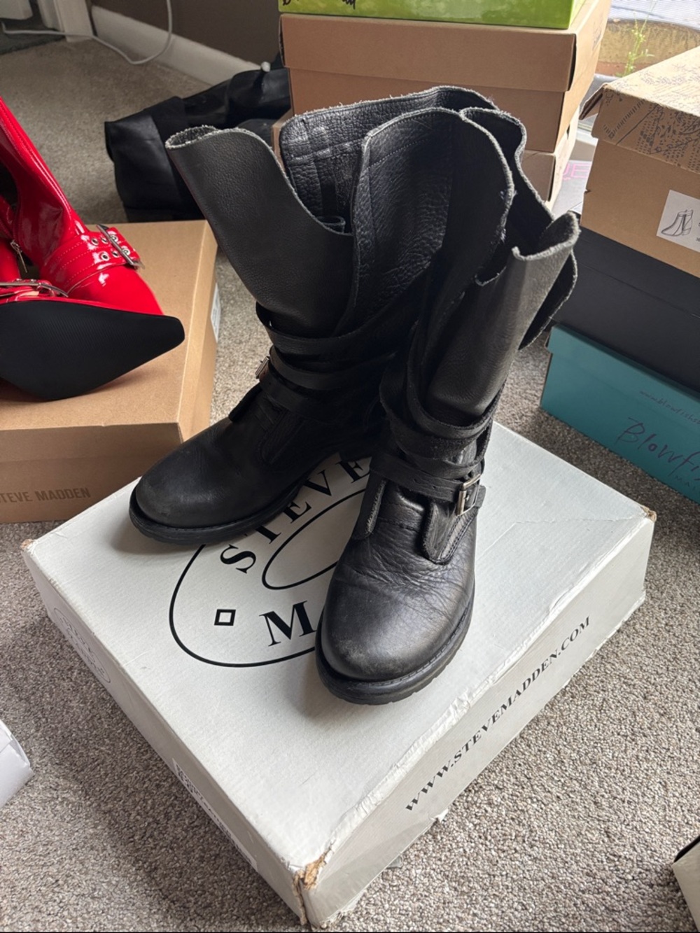Steve Madden Black Leather Slouch Combat Boots with Buckle Strap